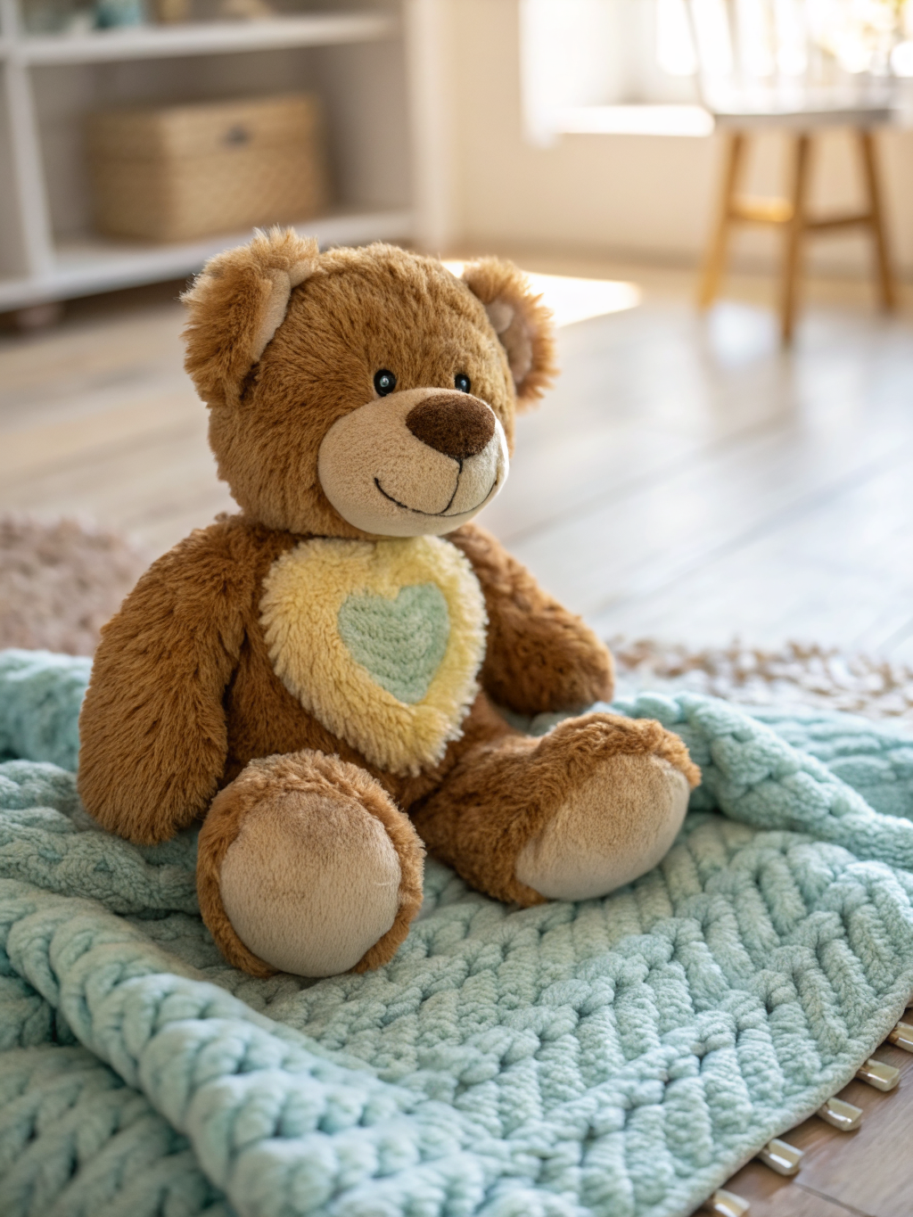 Handcrafted artisan teddy bear held tenderly in a cozy nursery